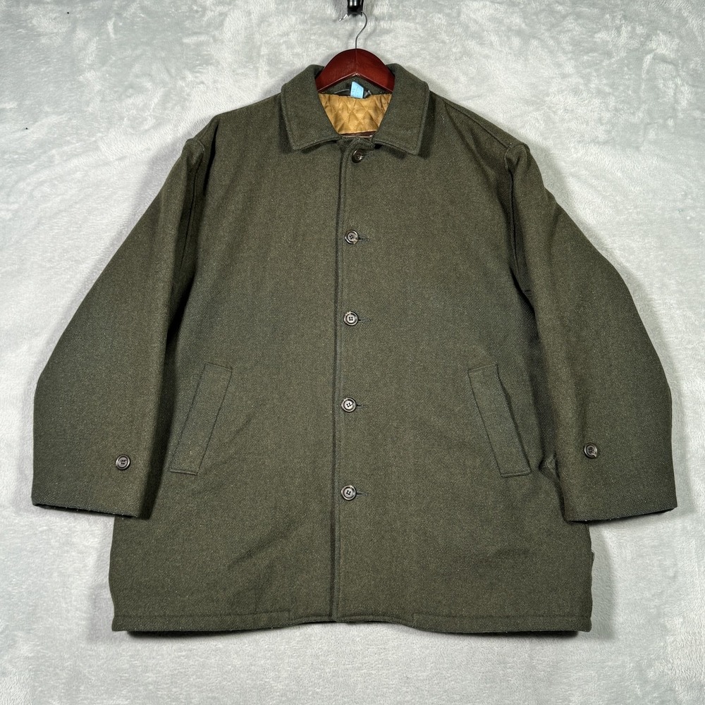 Schott Coat Mens 44 Green Wool Overcoat Quilted Lined Made In USA Mid Length